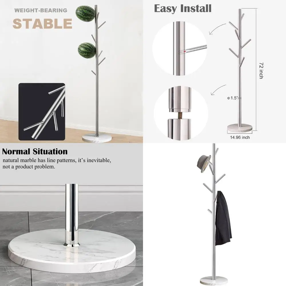 

Stainless Steel Coat Rack with Marble Base - Freestanding Metal Tree for Hats & Coats, Easy Assembly, Bedroom Friendly