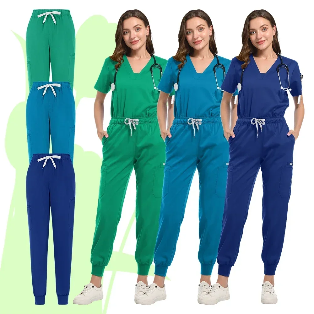 New Short Sleeve Scrubs Top with Pocket Pants Medical Nurse Uniforms Doctor Surgery Overalls Spa Outwear Beauty Salon Workwear