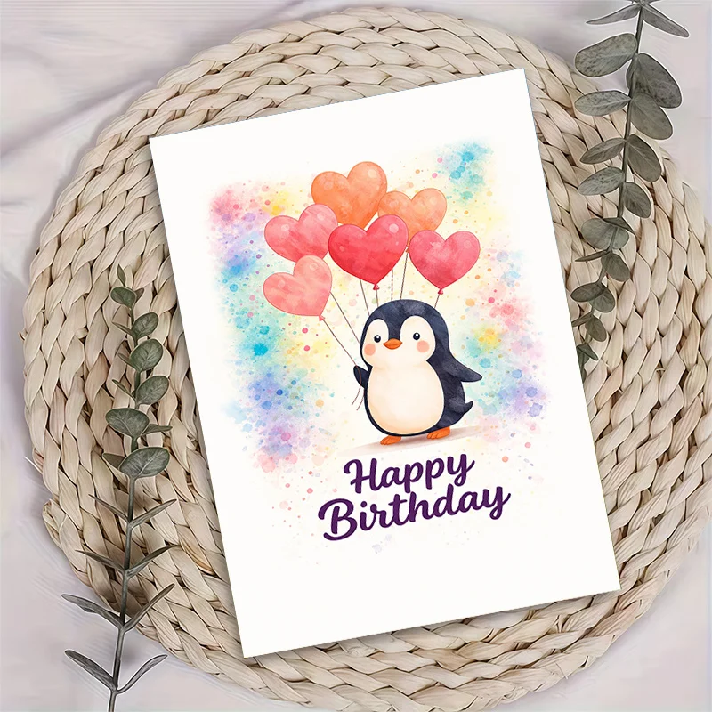 1 cute birthday card with cute penguin pattern wearing heart-shaped balloons and the words "Happy Birthday" attached