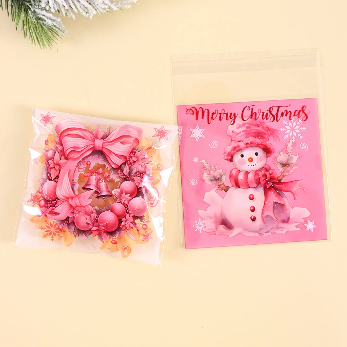 50/100 Stück rosa Weihnachts-Süßigkeitsbeutel, selbstklebende Geschenktüten, Kekse-Snack-Beutel, 2022, Navidad, Weihnachten, Neujahr, Party-Dekoration, Zubehör – Detail 2