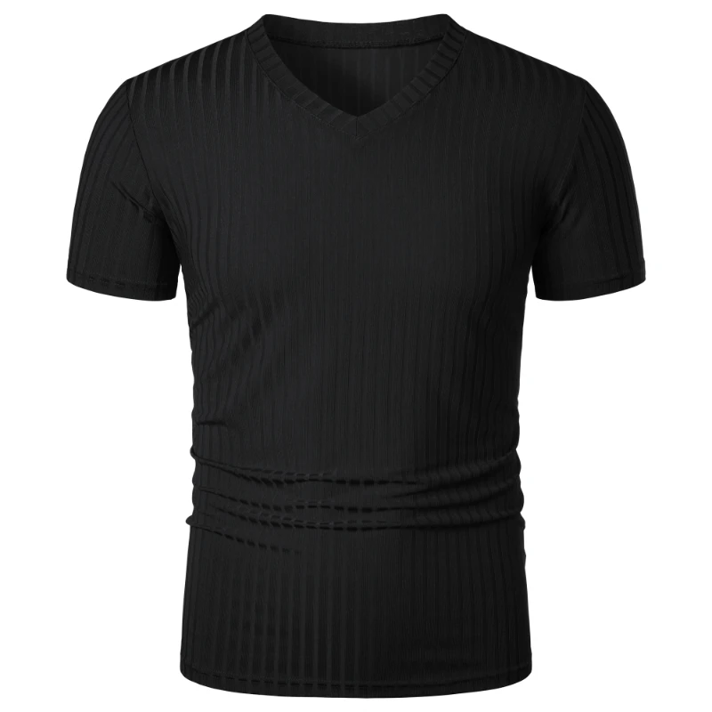 Men's Running Sports Fitness Summer New High Elastic Vertical Stripe Short Sleeved V-neck Slim Fit Knitted Bottom Shirt Top