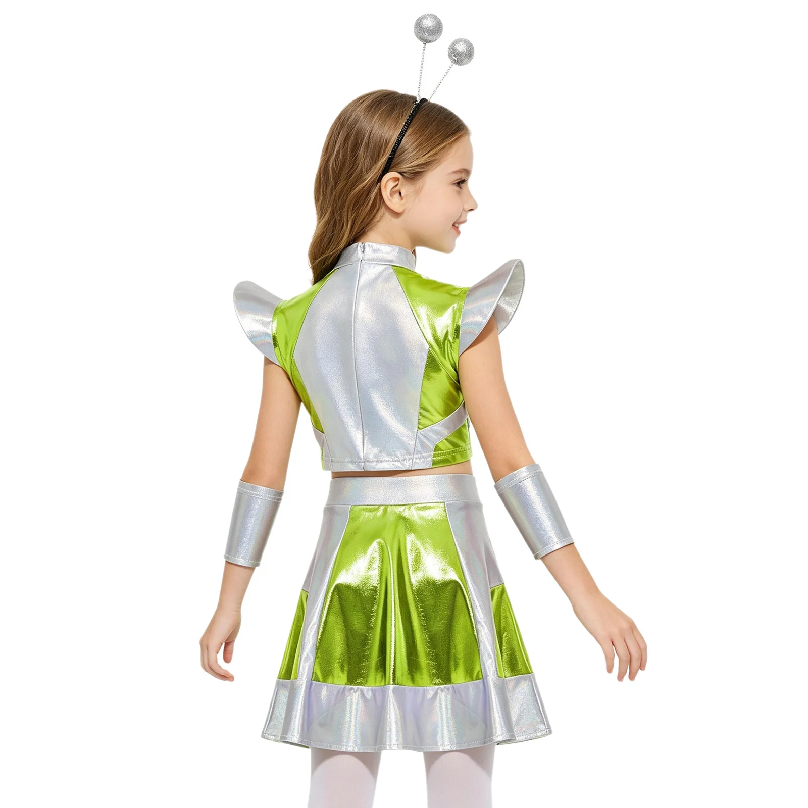 Kids Girls Halloween Alien Cosplay Costume Robot Outer Space Party Cutie Outfit Cap Sleeve Glossy Metallic Top And Skirt Sleeves