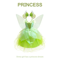 Tinker Bell Tutu Dress Kids Cosplay Green Flower Fairy Elf Wings Children Luxury Elf Cosplay Costume Gift Halloween Cloth