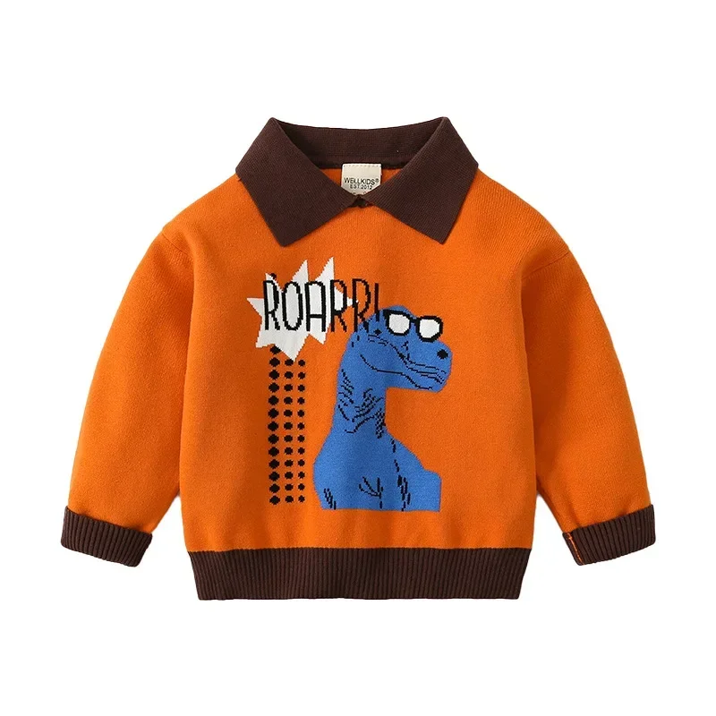 

New 2025 Spring Autumn Boys Fashion Cartoon Dinosaur Lapel Pullover Knitted Sweater Child Casual Sweaters Knitwear Clothing