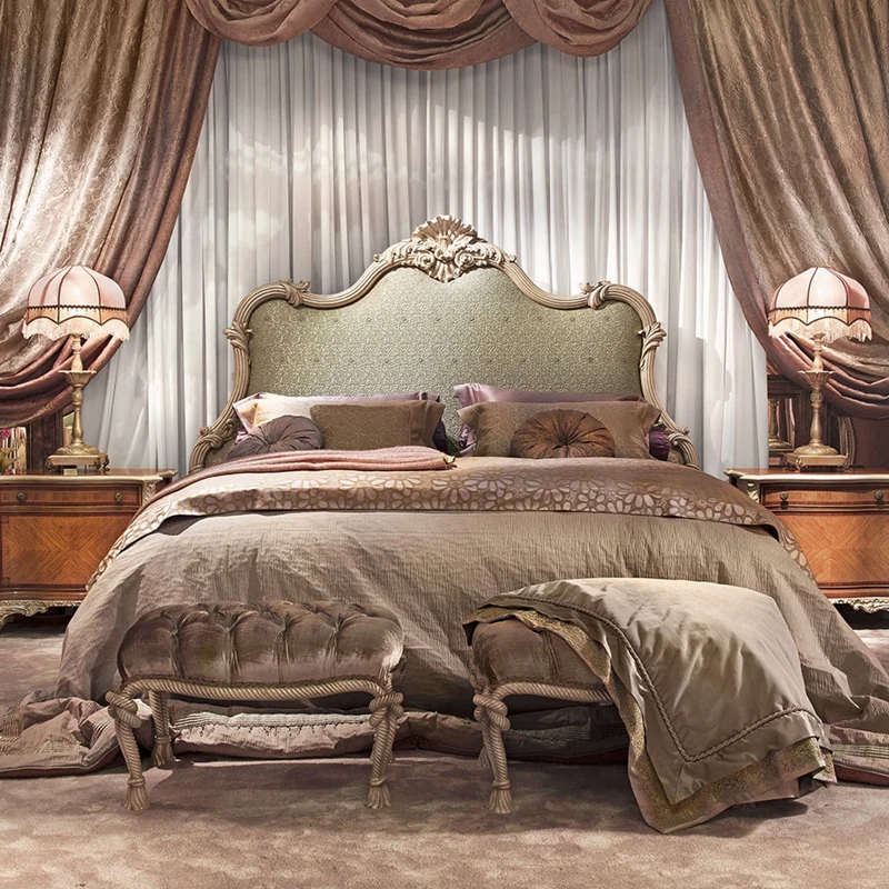 

European solid wood carving flower double bed French soft bag wedding bed Internet celebrity frame girl bed luxury villa master