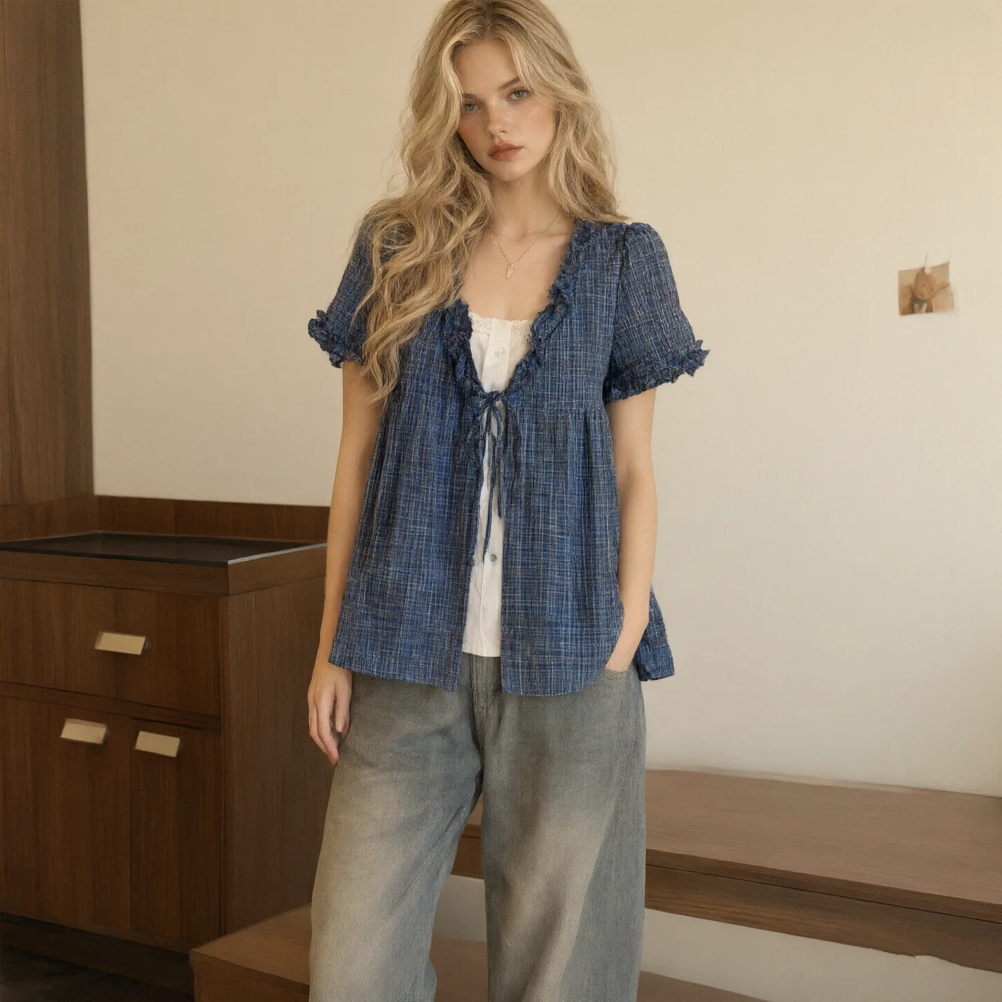 Women Trendy Plaid Short Sleeve Blouse Lace Trim V Neck Street Style Checkered Tops Casual Loose Fit Summer Fashion korean Shirt