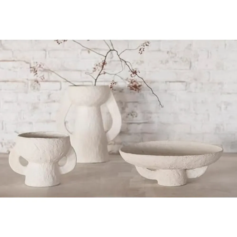 Decorative Vase with Handles for Living Room Coffee Table White Paper Mache Earth-Tone Interior Accessory with Elegant Handle D