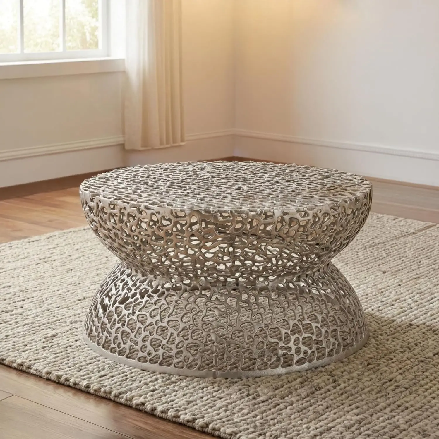 Silver Aluminum Round Coffee Table Geometric Cutout Drum Base Modern Living Room Furniture 35inch, Customized