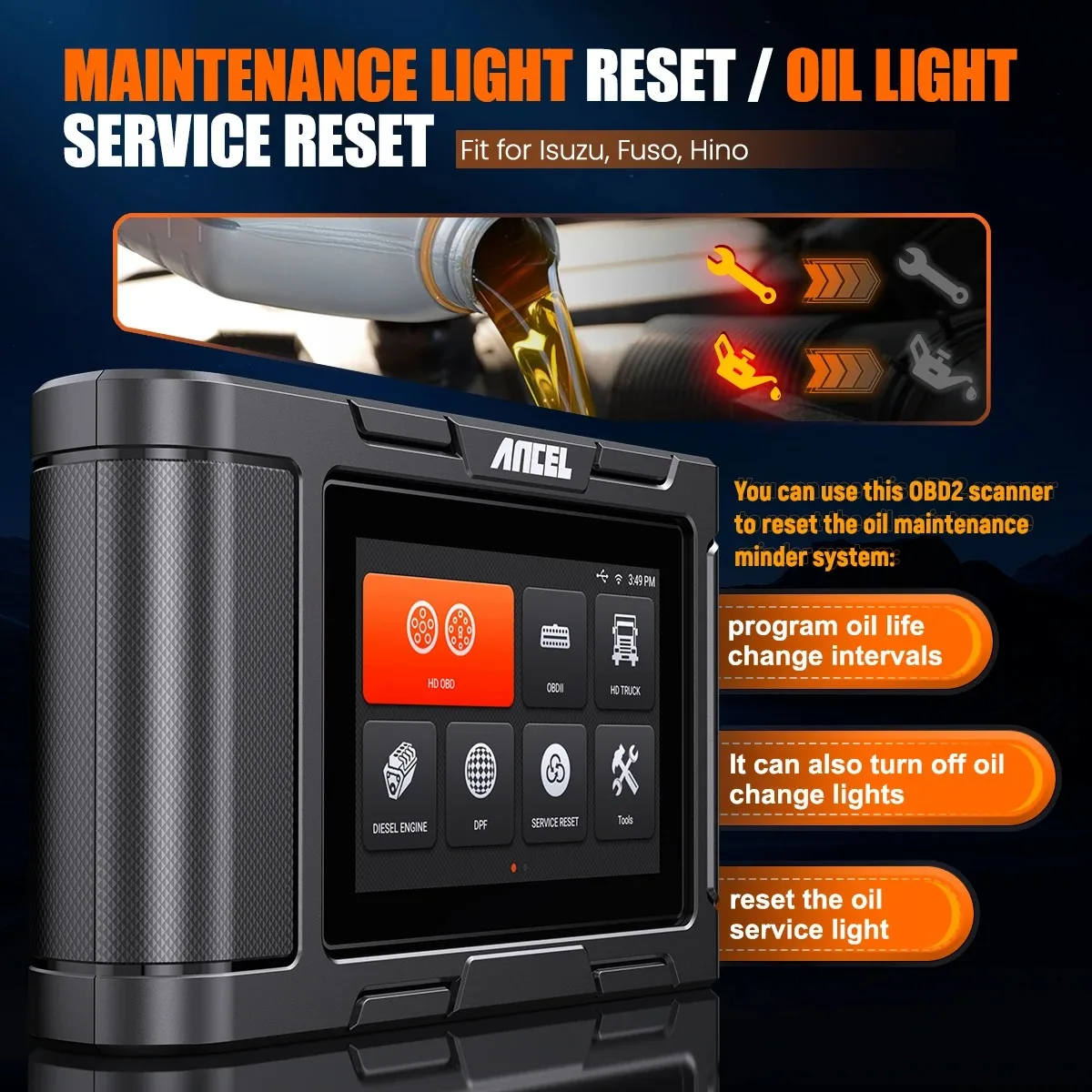 For Diesel & OBD2 Heavy Duty Truck Scanner with DPF Regen ECU Scanning ANCEL HD3400 Pro for Cummins Detroit Caterpillar Paccar
