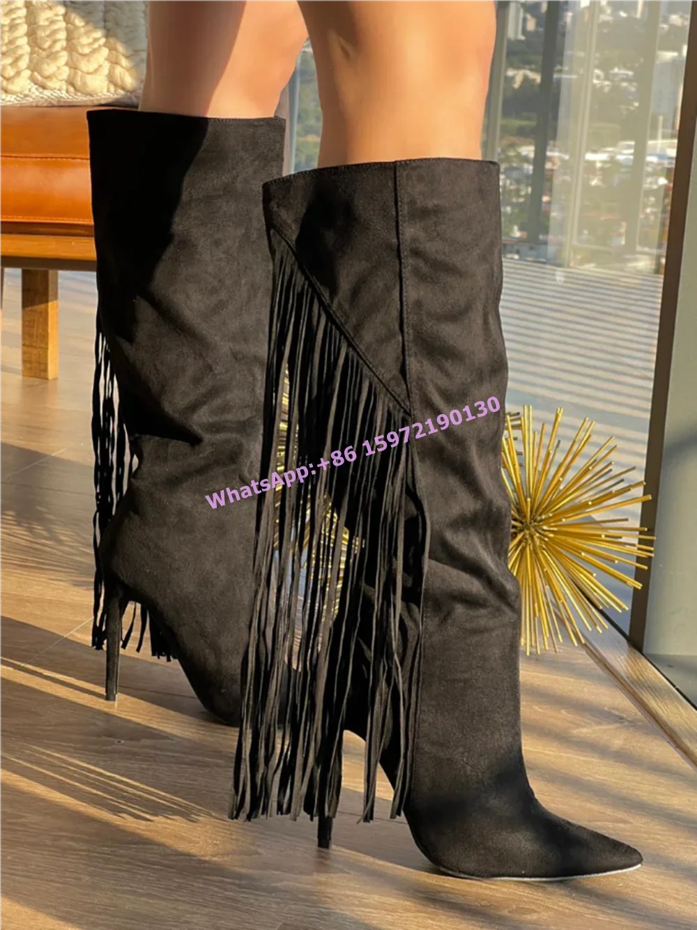 Black Fringe Knee High Boots Pointy Toe Thin Heels Slip On Sewing Shoes Women's Sewing Concise Fashion Sexy Street Style Boots