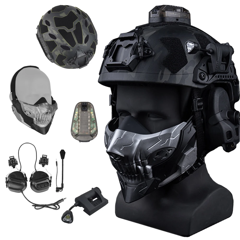 

Tactical Helmet Set with Airsoft Helmet Tactical Half Face Mask Walkie Talkie Headset Survival Beacon Light for Outdoor Hunting