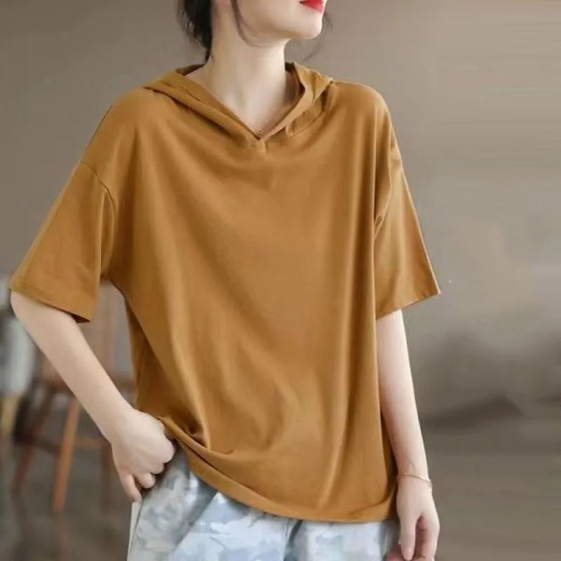 2024 Summer Korean Edition Solid Color Simple Casual Fashion Versatile Loose Oversized Short Sleeved Pullover Hoodie for Women