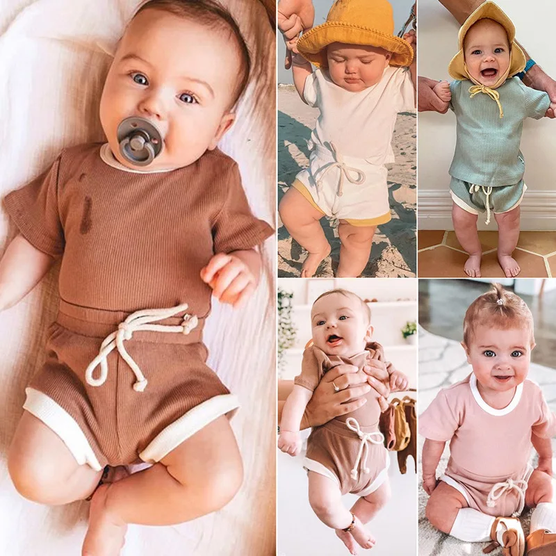 

2Pcs Fashion Summer Newborn Baby Girls Boy Clothes Set Cotton Casual Short Sleeve Tops +Shorts Solid Toddler Infant Outfit
