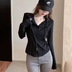 Short Long Sleeved Hooded Base T-shirt for Women Slim Fit Pure Style Pure Color Personalized German Velvet Warm Top
