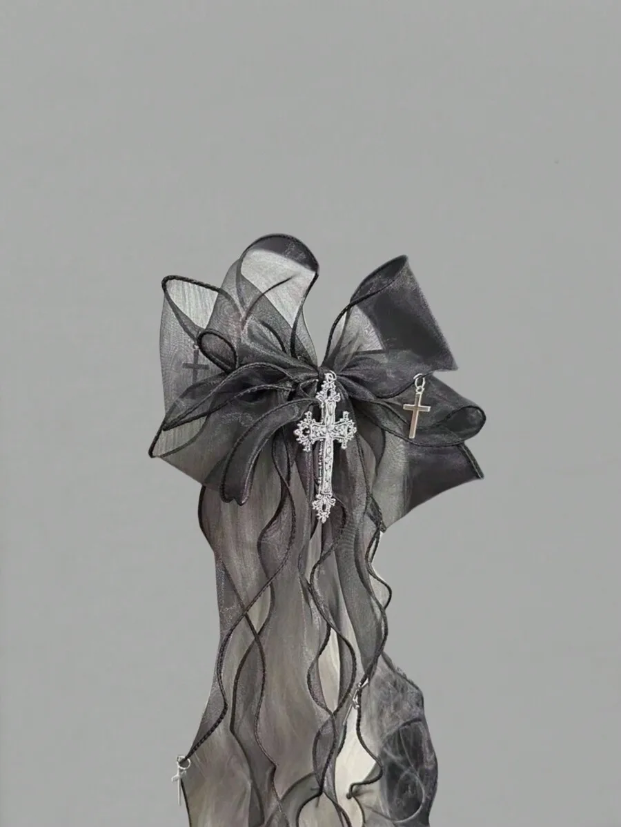 

Gothic Oversized Sheer Bow Hair Clip With Cross Charm Barrette For Women