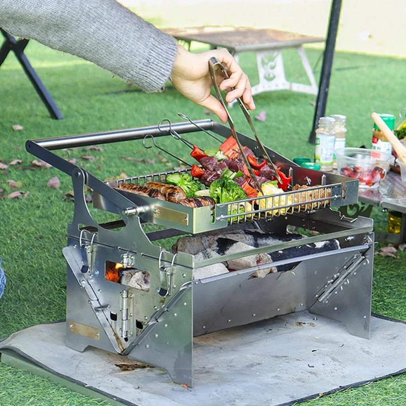 Откидной гриль-барбекю Гриль для кемпинга Перевертает верхнюю решетку для барбекю Могут перевернуть на 360° °   Через ручку, угольный гриль из нержавеющей стали Fo