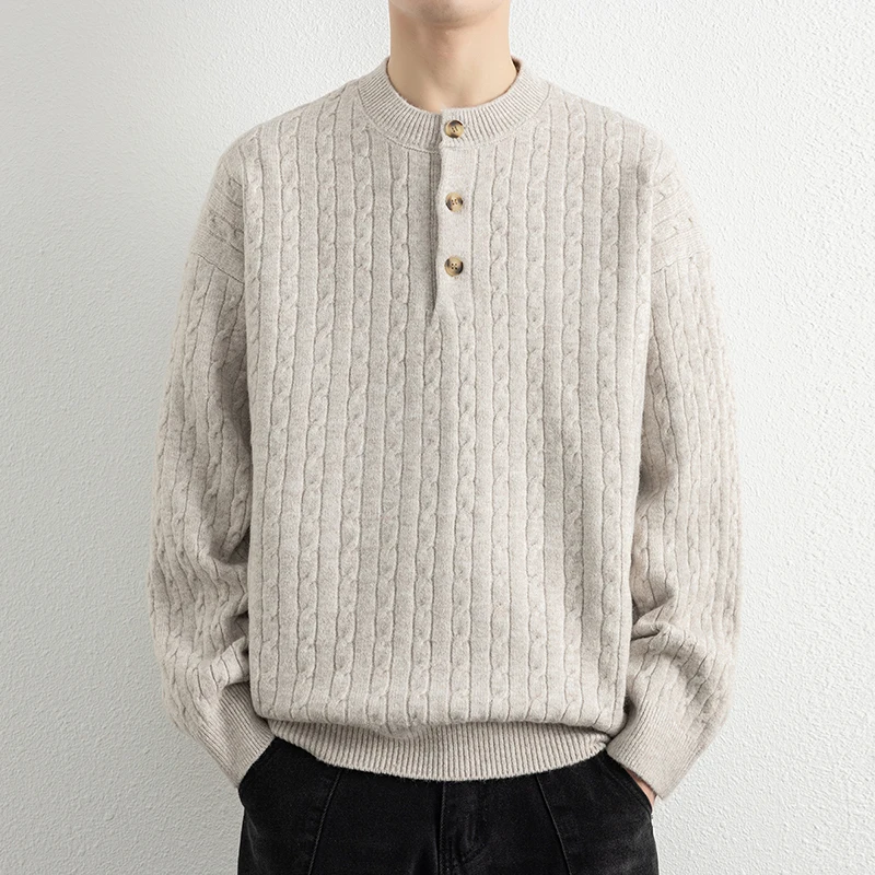 

Autumn Winter O-Neck Knitted Sweater Men Loose Solid Color Casual Knit Pullovers Mens Daily Fashion Warm Streetwear Sweater Tops