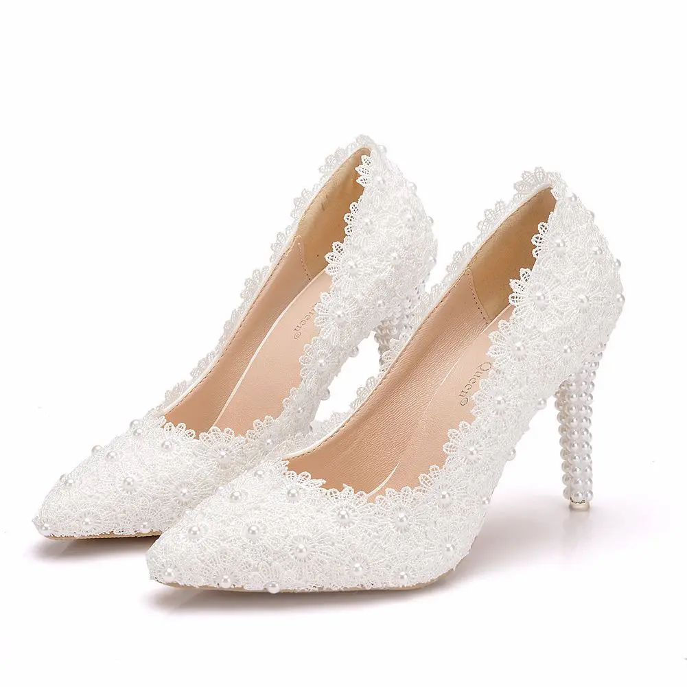 Wedding Bridal Woman Pumps Lace Flower Pearl Pointed Toe PU 9.5CM Thin High Heels Party Dance Shoe Women Shoes White