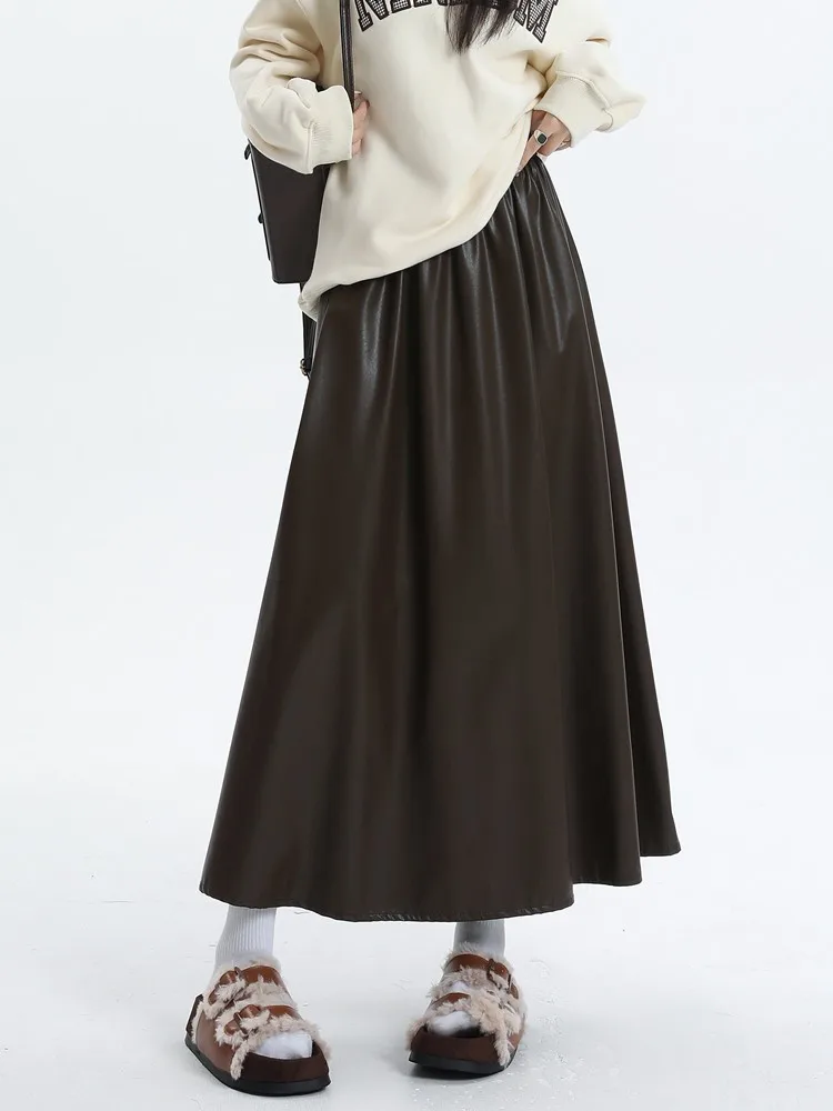 

GUUZYUVIZ Women's Brown Pu Leather Skirt For Woman Y2k Fashion Black Casual Autumn Winter A-line Pleated Long Skirts Jupe Longue