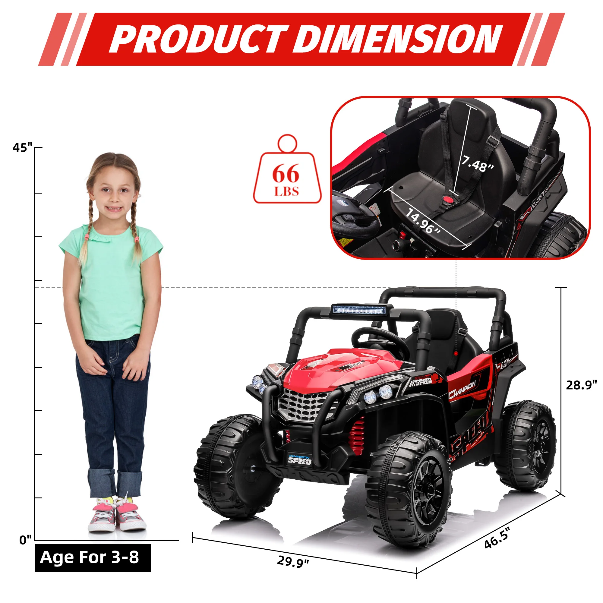 Ride On Car for Kids, Electric Truck UTV, Large Seat, Remote Control, LED Lights, Waterproof, 2 Driving Modes, Music for 3-8 Boy