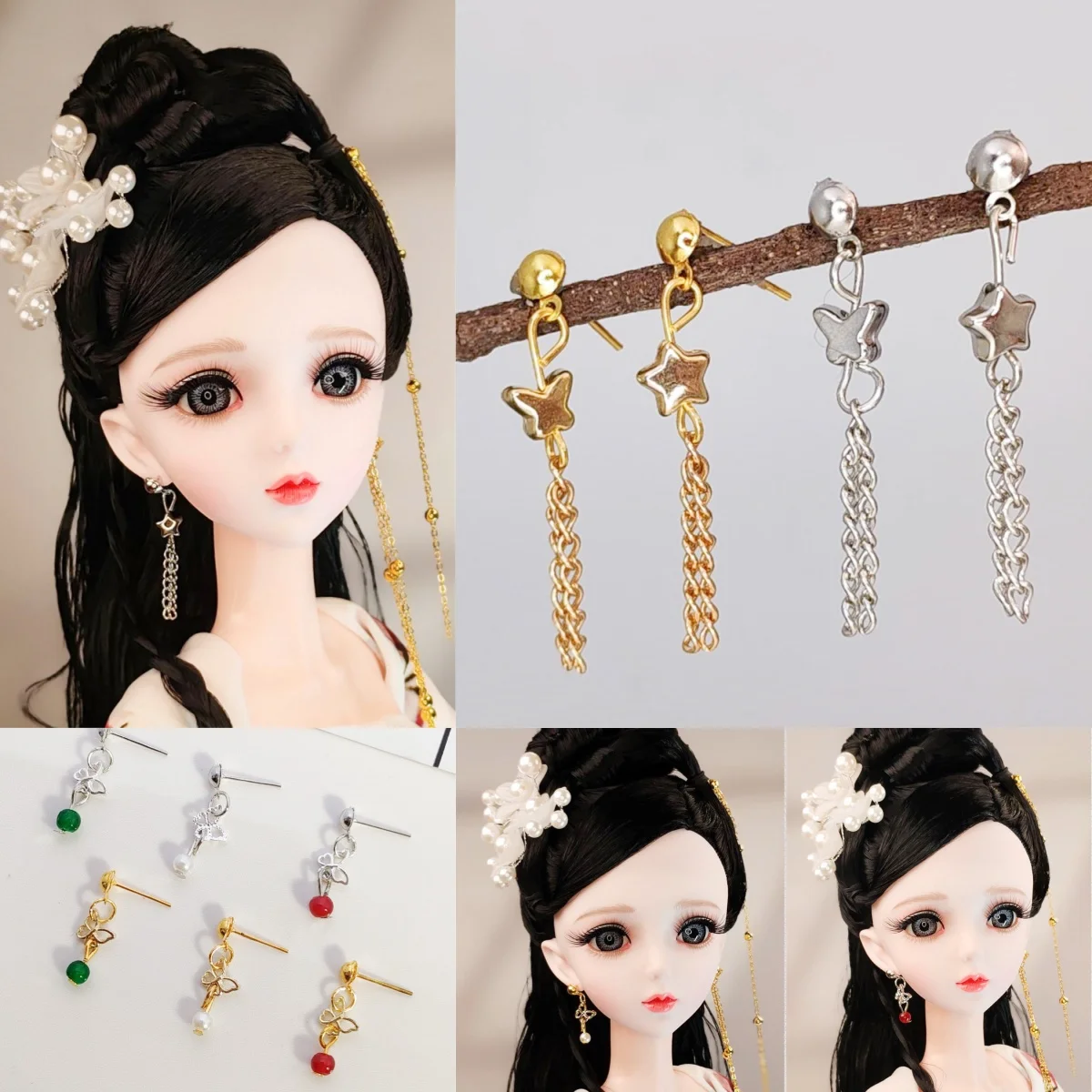 1/6 Doll Jewellery Parts Retro Gemstone Earring/Metal Butterfly Earrings/Dreamy Tassel Star Earrings For 30/60Cm Supermodel Doll