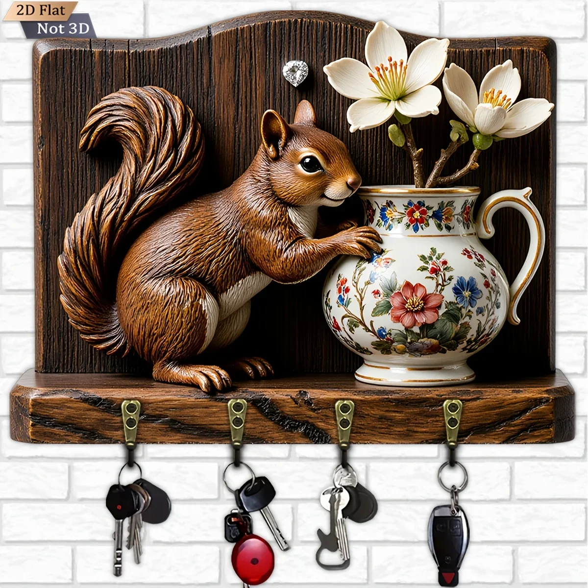 2D Flat, 1pc, Squirrel - Vase - Flower - Shaped Key Hook Wooden Multi - Functional Home Key Rack, with Four Metal Hooks, Wall