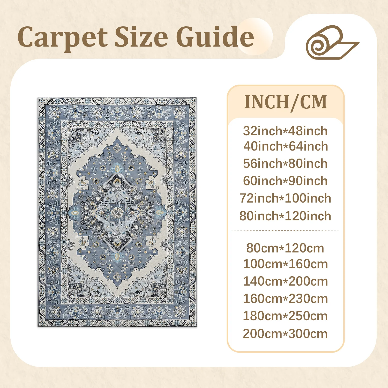 Large Indoor Area Rug, Soft Velvet Low Pile with Non-slip Dotted Backing, Machine Washable Vintage Blue Cream Medallion Persian Style Floor Rug for Living Room Bedroom