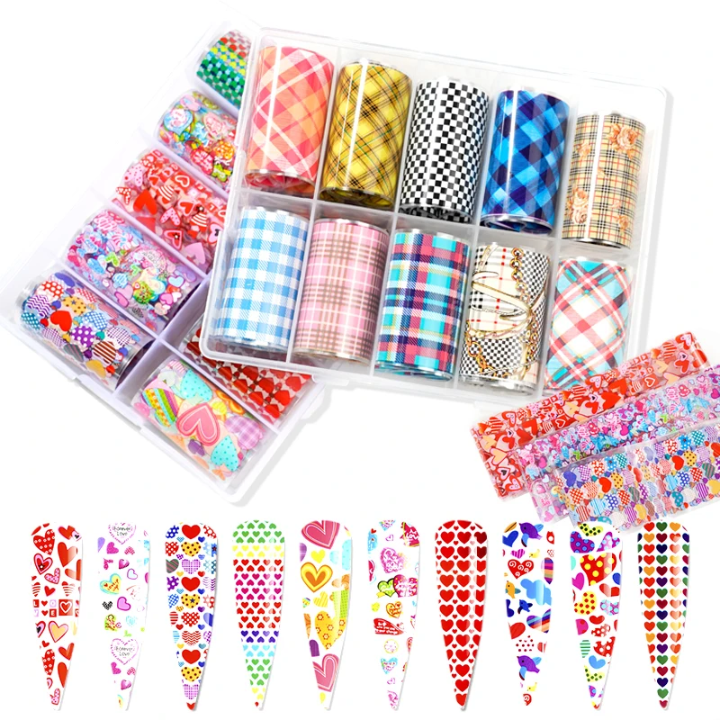 

Nail Foil - Heart; 1 Box - 10 Designs (10Rolls, 100X4cm ) Nail Foil Transfer Sticker Love /Flowers 4X100cm Nail Foil Stickers,87