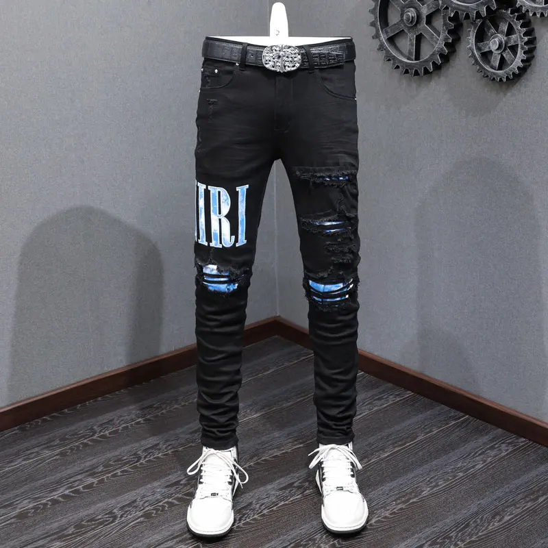 High Street Moda Novo Jeans Preto Lavado Nostálgico Bordado Stretch Emagrecimento Jeans Designer Hip Hop Marca Calças Hombre