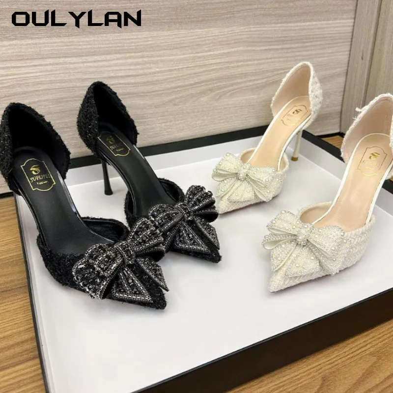 Black High Heels  Women's Slim Heels  Pointed Toes, 2024 Temperament, Socialite Bow, Rhinestone Single Shoe Sandals