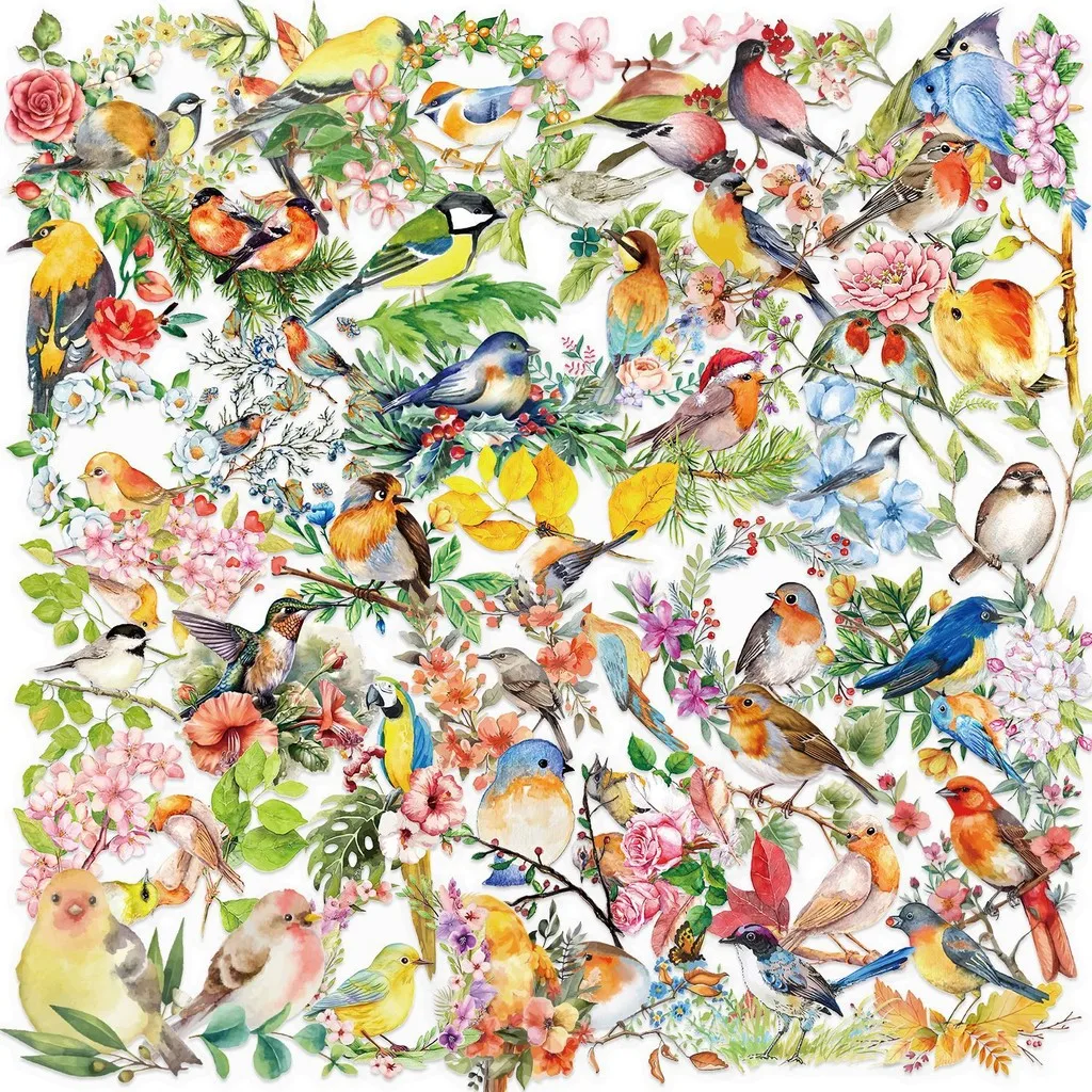 50PCS Transparent INS Watercolor Bird Sticker Pack - Waterproof PET for Scrapbooking, Notebook Decor LanLanStickersWorld Store