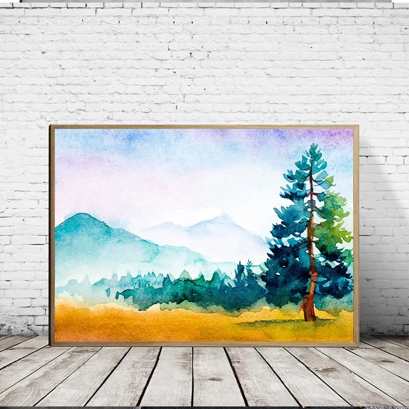 Misty Forest Banff Trees Pine Ocean Waves All Seasons Watercolor Landscape Poster Canvas Painting Prints Wall Picture Room Decor