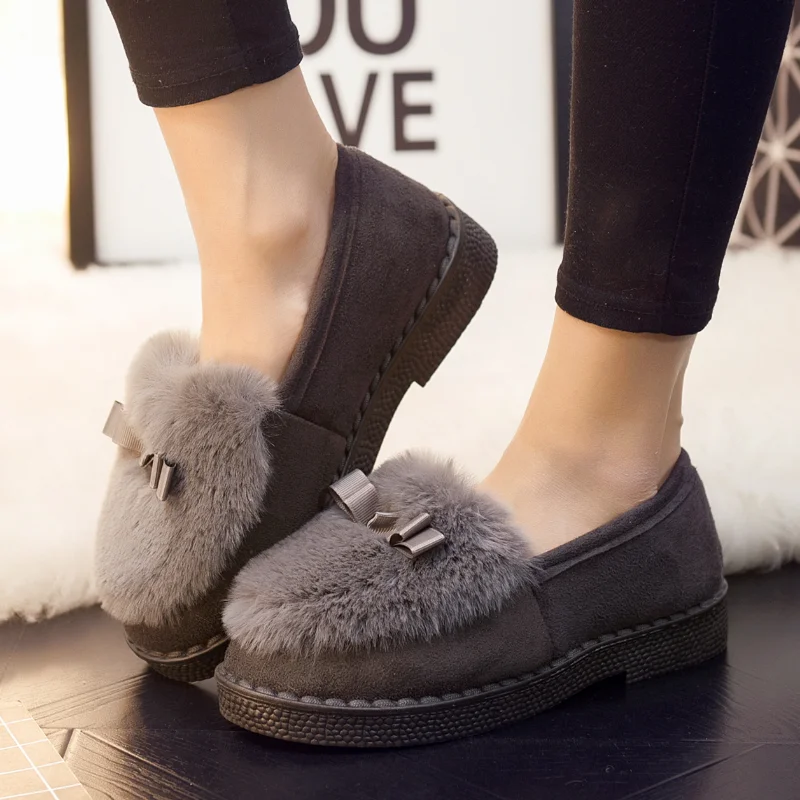 Vrouwen Casual Platte Schoenen Zachte Loafers Mode Winter Schoenen Comfort Warm Pluche Strik Slip op Vrouwelijke Katoenen Schoenen Zapatos De Mujer