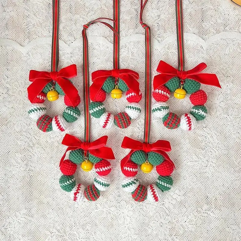 Handmade Crochet Christmas Wreath Hanging Ornament Car Rearview Mirror Pendant Festive Holiday Home Decor Blessing GiftAccessory