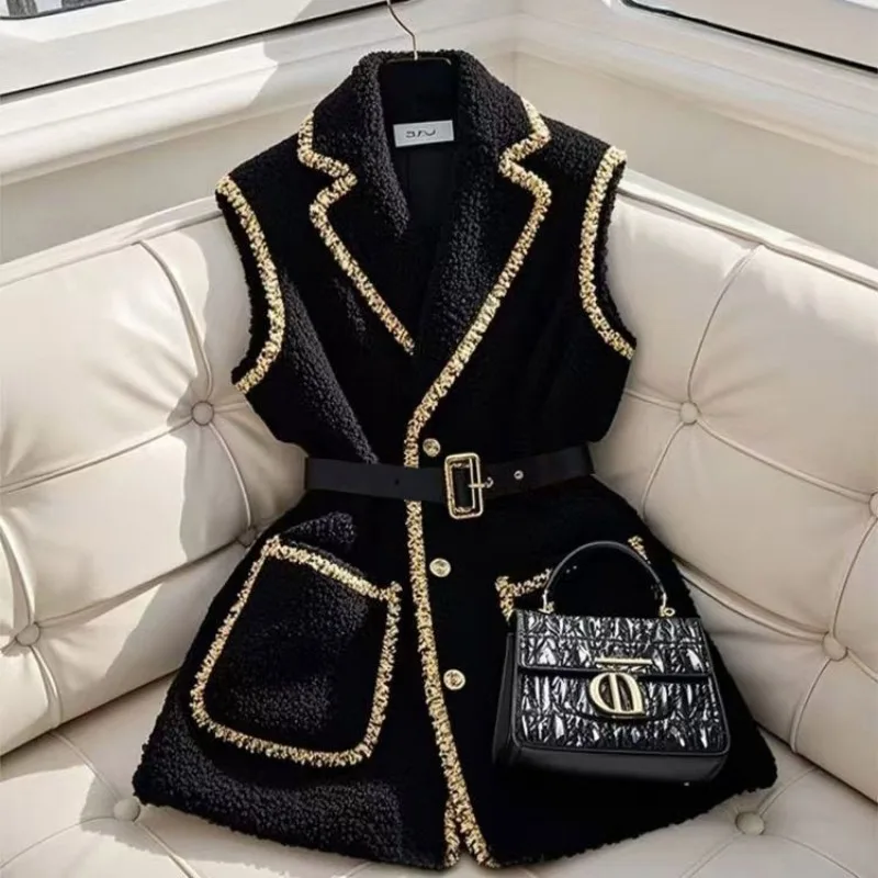 Women Clothes Spring Autumn Fashion Korean Button Solid Color Female All-match Pocket Tailored Collar Sleeveless Tank Top Vest