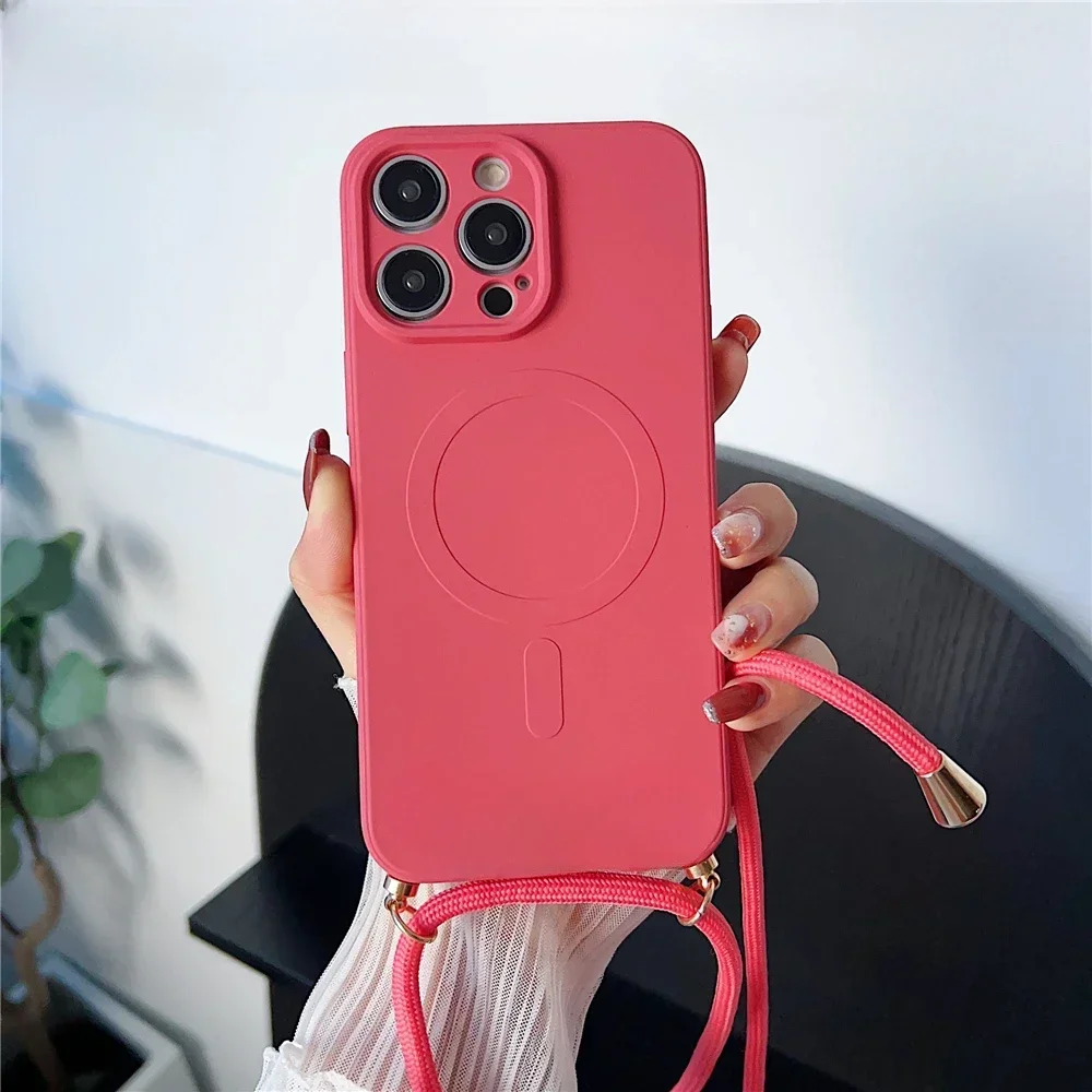 Custodia magnetica in silicone liquido con cordino a tracolla per iPhone16 15 Pro Max 14 13 12 11 Collana per copertura di ricarica wireless Magsafe