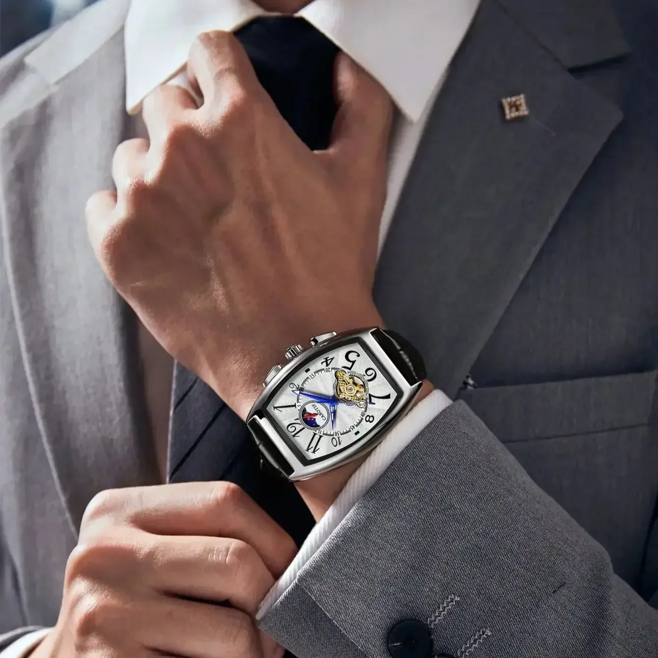 ساعة رجالية جديدة بأسلوب عمل، مكانة راقية، أناقة كلاسيكية، توهج ليلي، مرحلة القمر، ساعة ميكانيكية للرجال