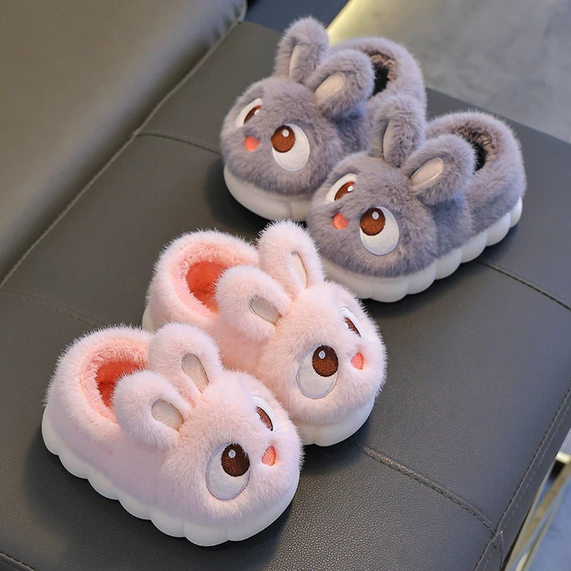 New Winter Cute Big eyed Rabbit Children\'s Cover Heel Warm Non-slip Fluffy Slippers For Girls Boys Kids Indoor Home Cotton Shoes