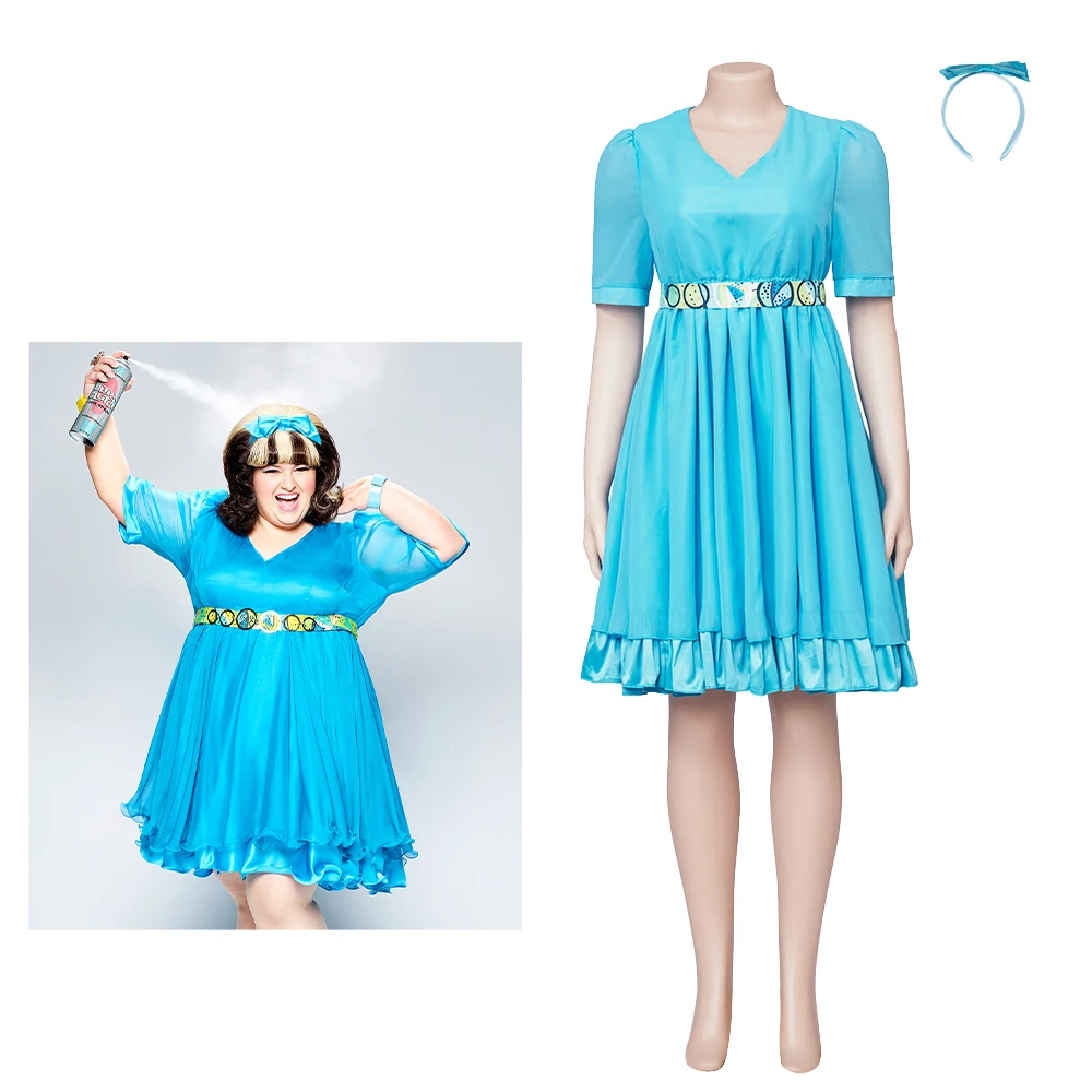 

Musical Hairspray Tracy Turnblad Cosplay Costume Blue Dress Headdress Belt Stage Performance Outfit Halloween Carnival Costume