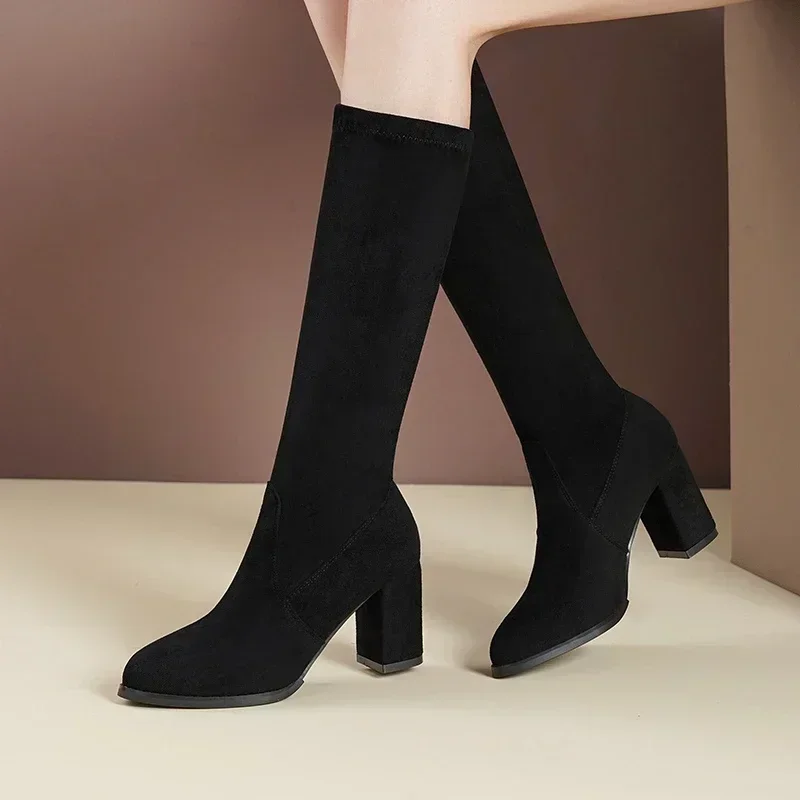 2024New Fashion Winter Women\'s Knee Length Boots Artificial Fur Elastic Pointed Suede High Heels Casual Warm