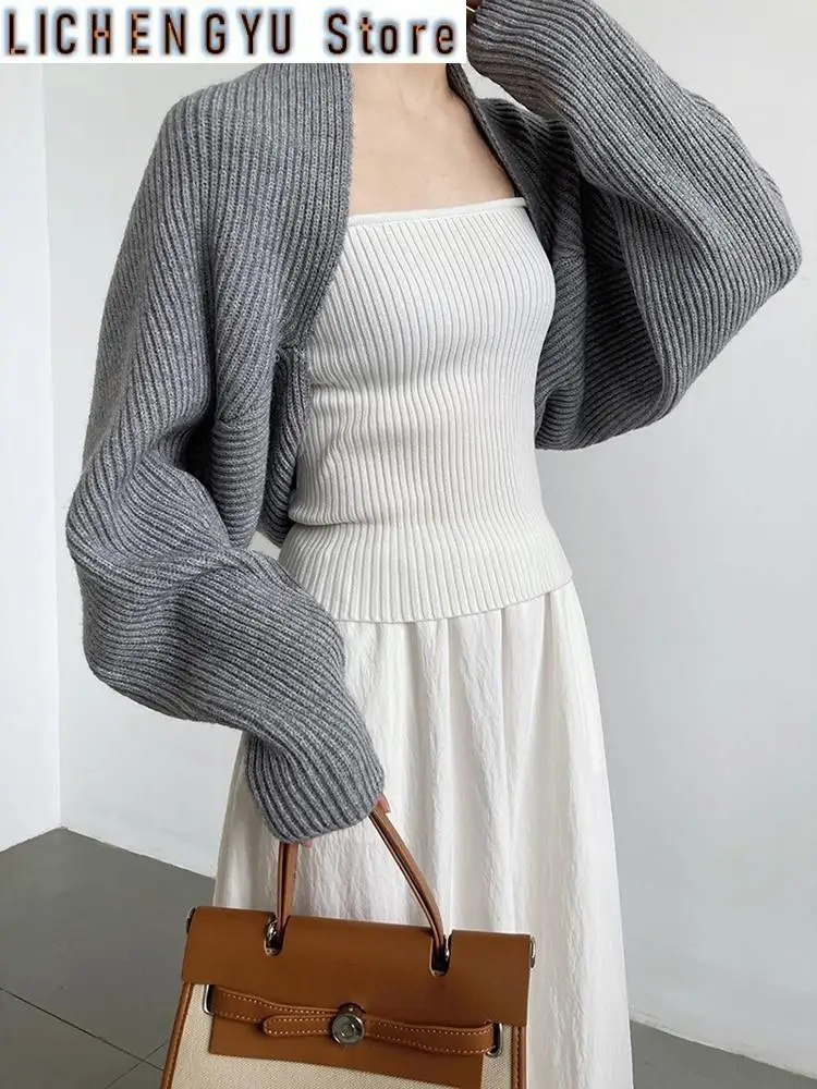 

Elegant Gray Knitting Cardigan Sweater Loose Fit V-Neck Long Sleeve Women Fashion Tide Autumn Winter