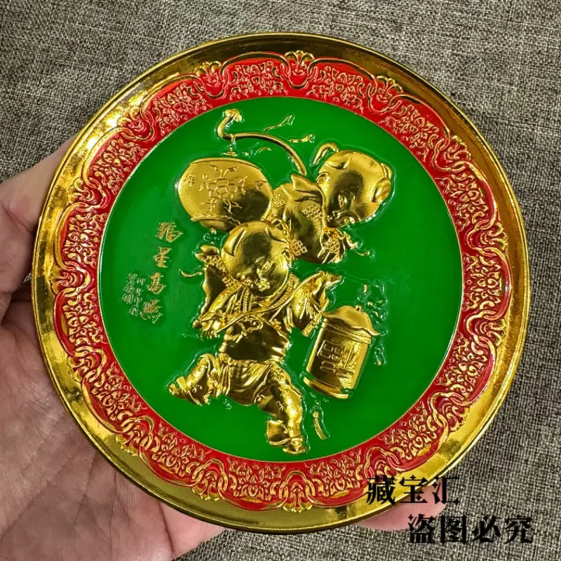 Old Collection Qing Emperor Qianlong Good Fortune Star Cloisonne Painted Gilt Bronze Plate More Sons More Blessing Bronze Disc