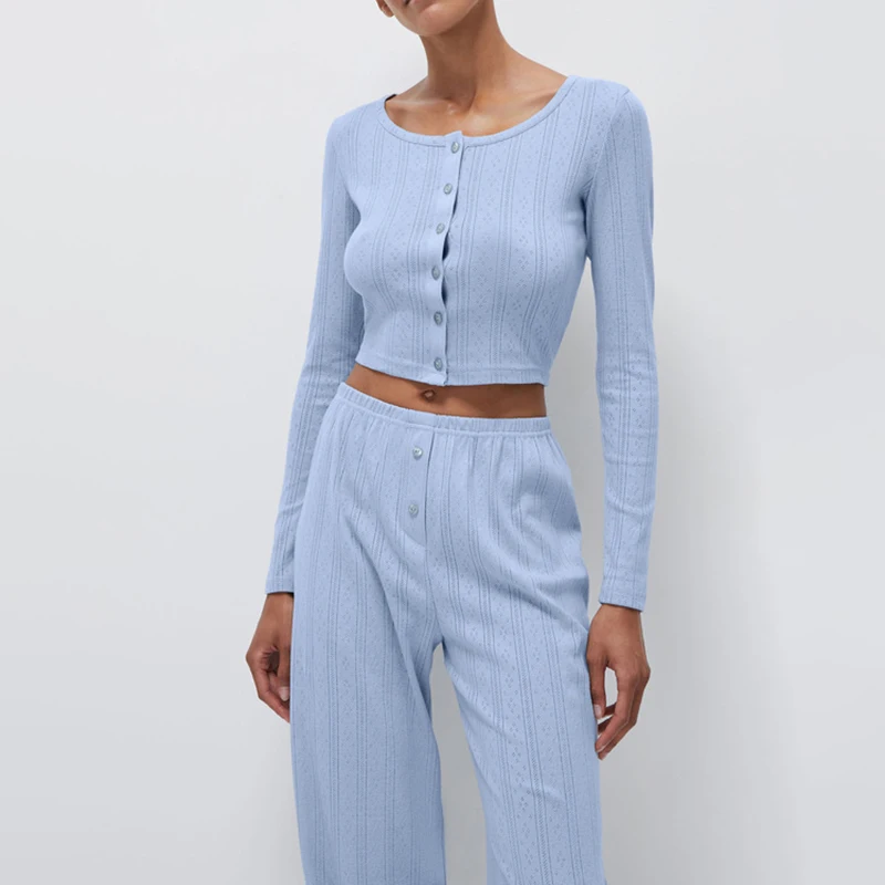 

Street Fashion Jacquard Pants Outfit Spring Women Round Neck Single Breasted Top+High Waist Casual Trousers Summer Two Piece Set