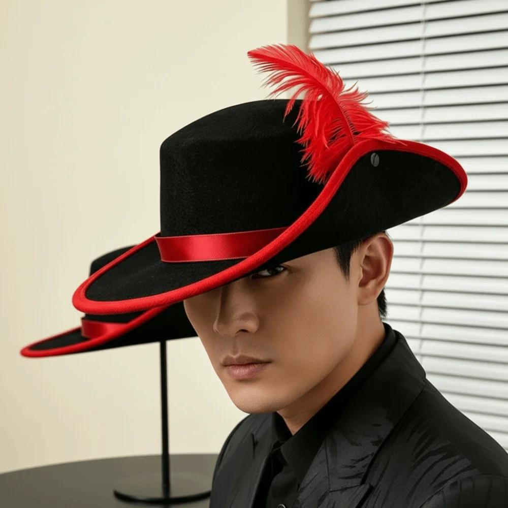 Felt Cavalier Top Hat Wide Brim Flat Top Feather Stage Cap Retro Style Black Masquerade Headwear Photo Studio Prop