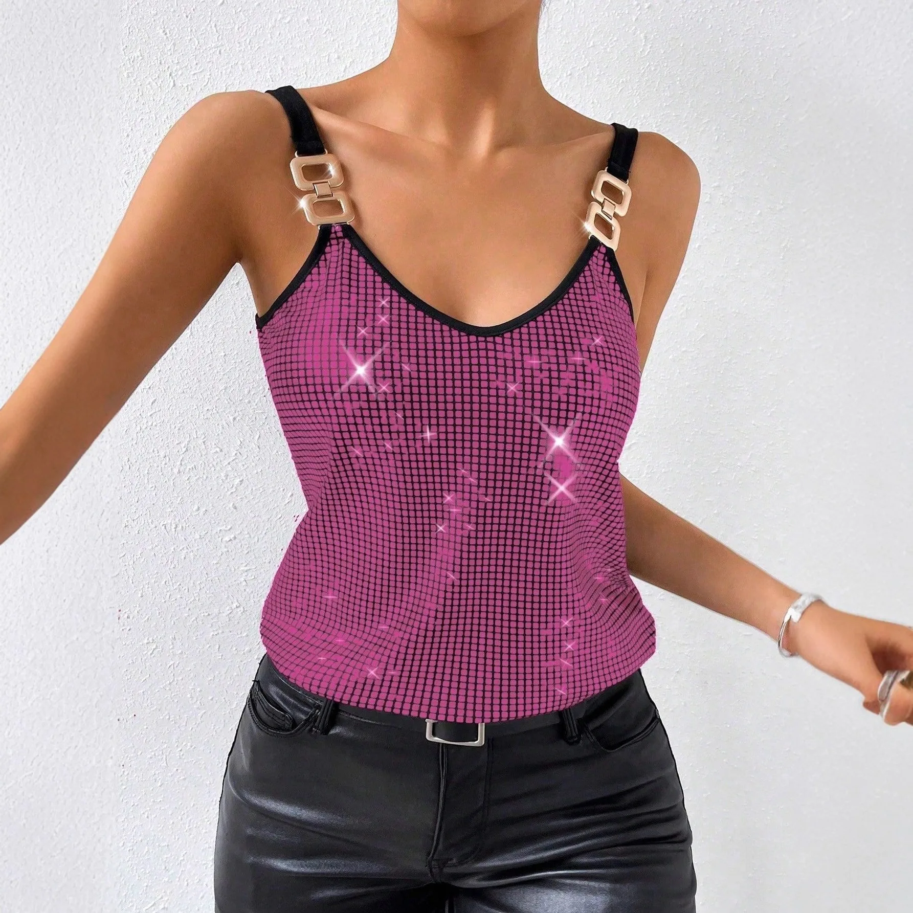 Fashion Shiny Sequins Plaid Print Cami Tops for Woman Clothes Metal Buckle Strap V Neck Sleeveless Club Party Tank Camisole
