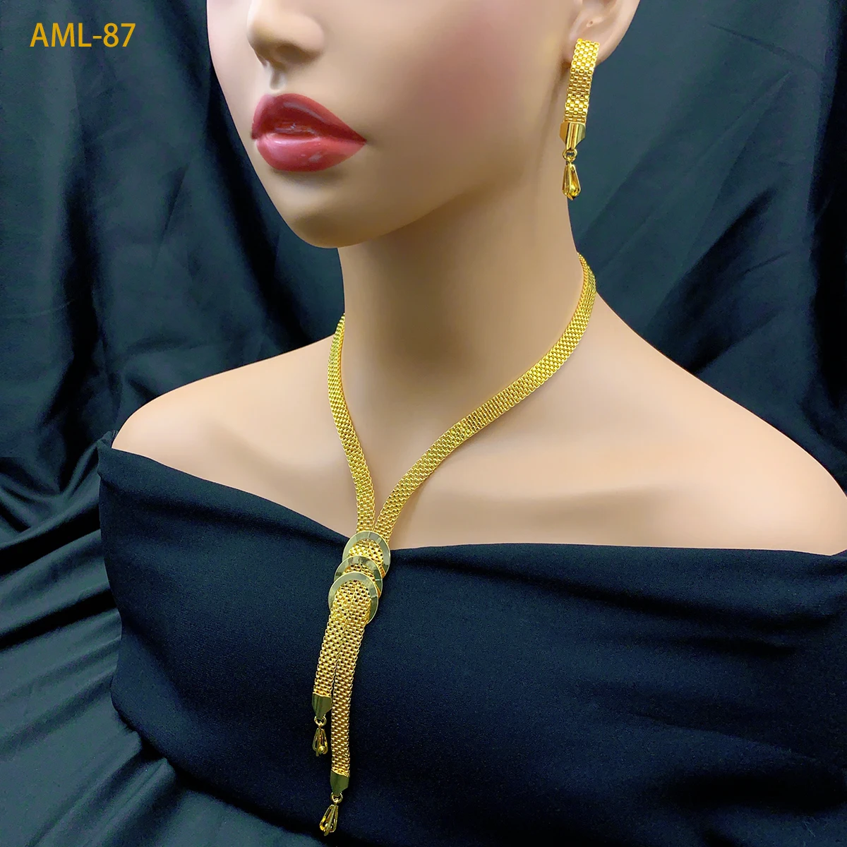 Dubai Droplet Necklace Earrings Jewelry Set For Women 24K Gold Plated Nigeria Indian African Bridal Wedding Party Gift Jewellery