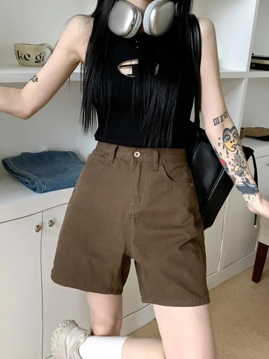 Brown Denim Shorts for Women High Waist Casual Half Pants Straight Jeans A-line Shorts Vintage Style Y2k Clothes Summer
