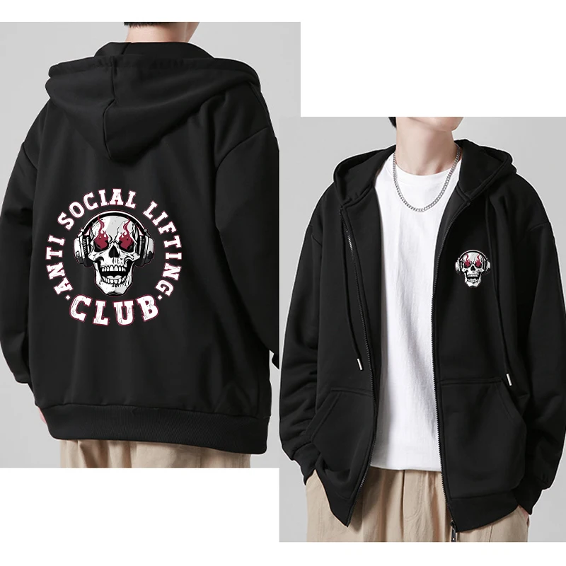

Anti Social Lifting Club Double Sided Printed Zipper Hoodie Men Women Fashion Oversized Funny Skeleton Graphic Fleece pullover