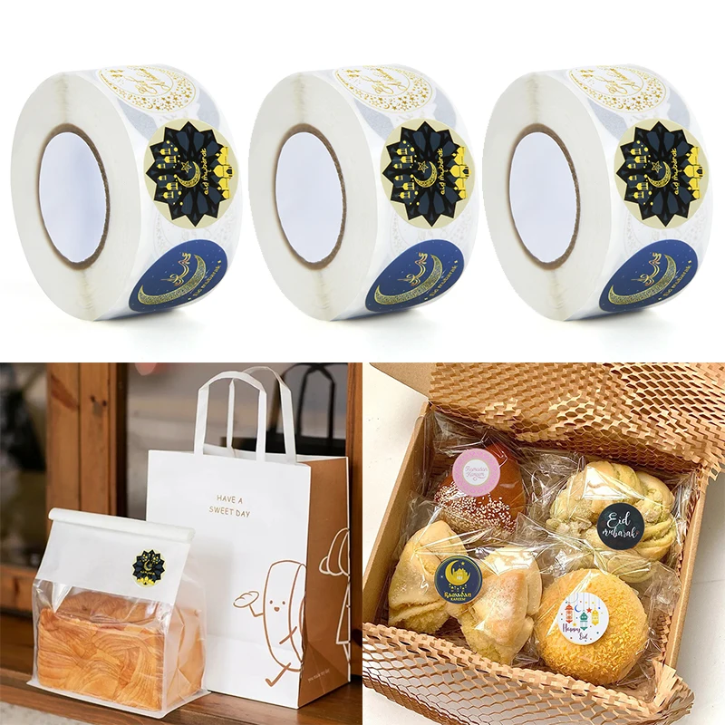 

500Pcs/Roll Eid Mubarak Paper Stickers Gift Bag Candy Box Seal Lables Home Ramadan Kareem Islamic Muslim Party DIY Gift Decors