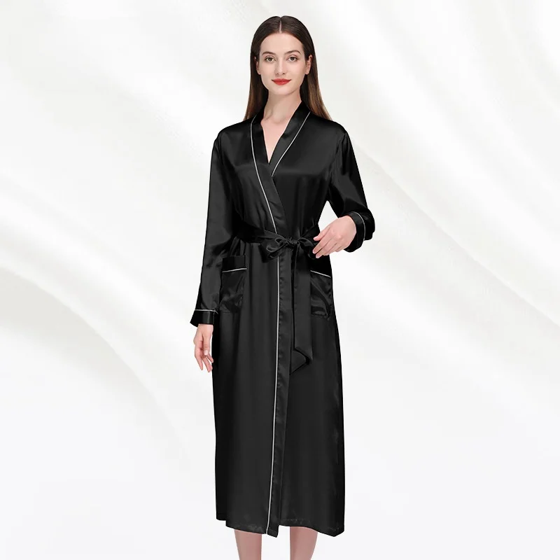 19MM 100% Mulberry Silk Robe Women Long Nightgown Belt Long Sleeve Luxury Dressing Gown Wedding Bathrobe Pure Silk Morning Robes